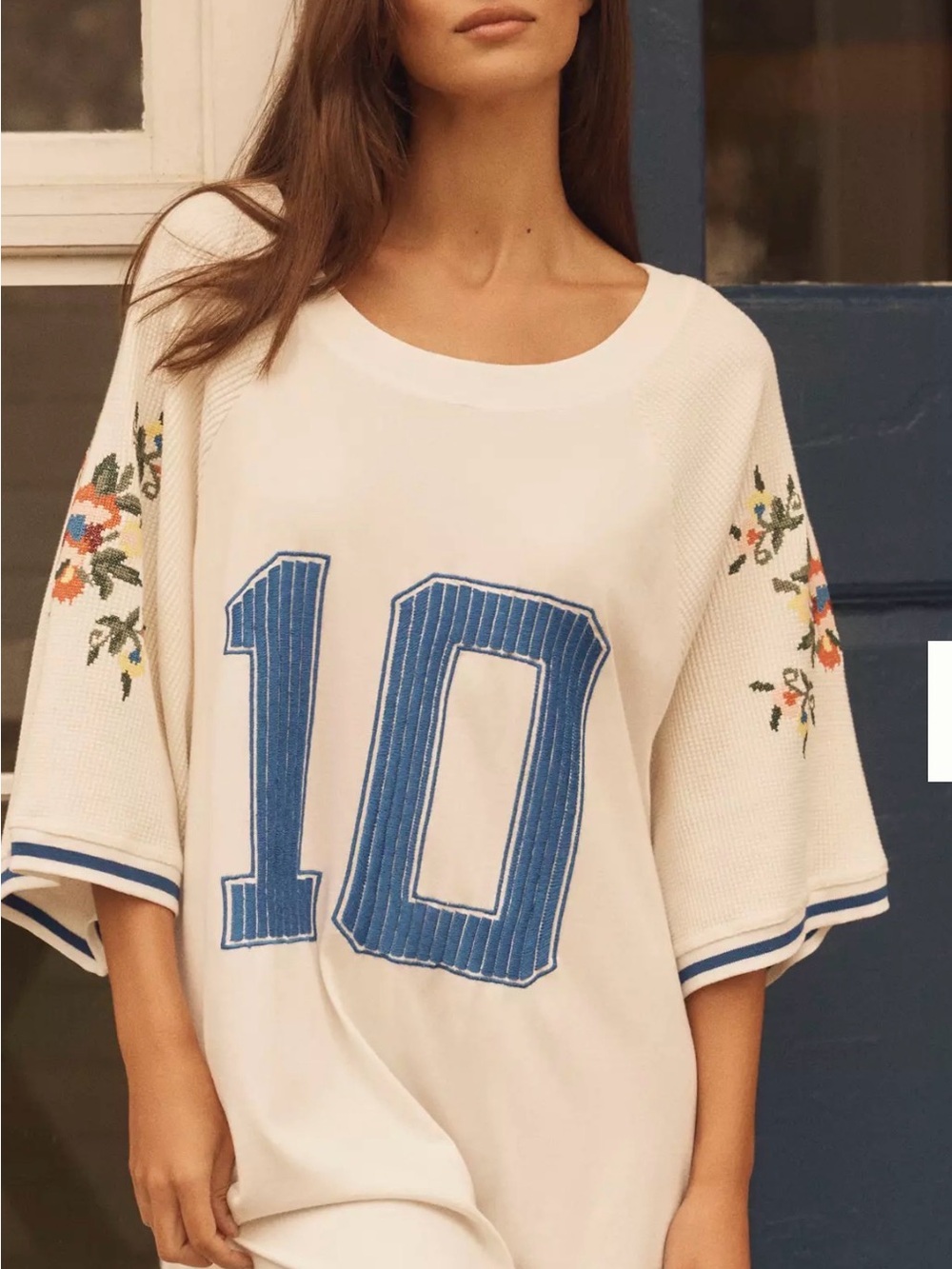 Lyre Bird Anthropologie Embroidered Floral Varsity 10 Oversized Tee XS
